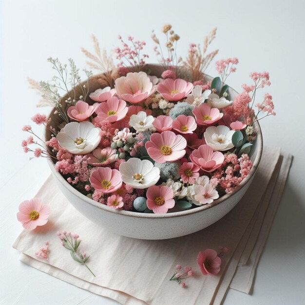 A bowl of pink and white flowers in a bowl with a white background