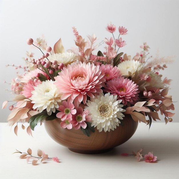 A bowl of pink and white flowers in a bowl with a white background