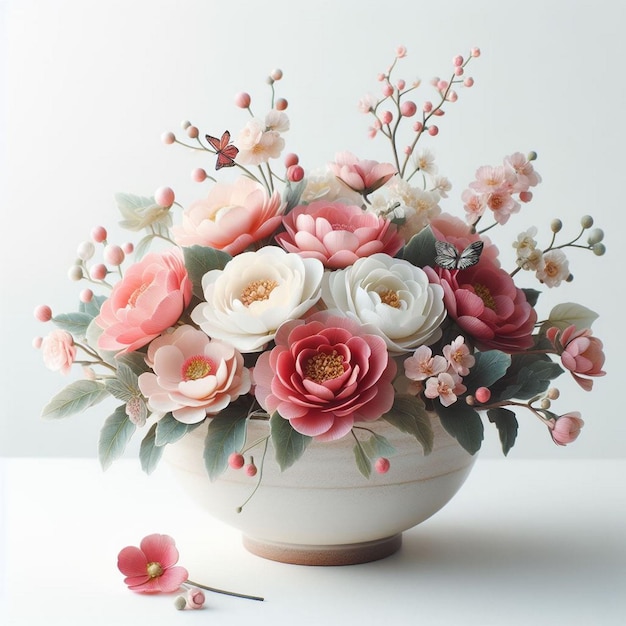 A bowl of pink and white flowers in a bowl with a white background