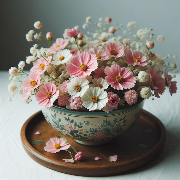 A bowl of pink and white flowers in a bowl with a white background