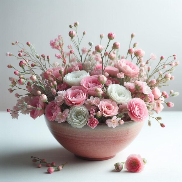 A bowl of pink and white flowers in a bowl with a white background