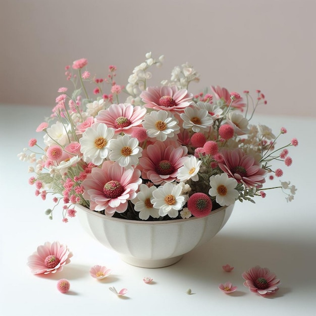 A bowl of pink and white flowers in a bowl with a white background