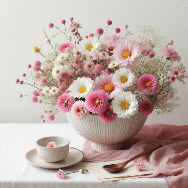 A bowl of pink and white flowers in a bowl with a white background