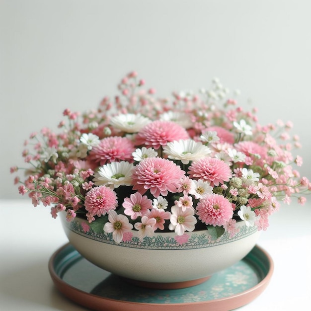 A bowl of pink and white flowers in a bowl with a white background