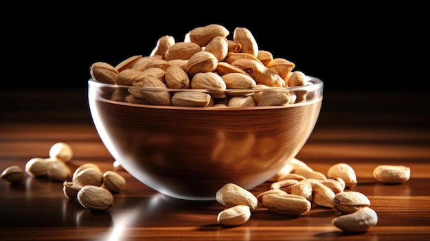 A bowl of pistachio nuts sits on a wooden table.