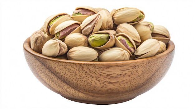 Bowl of Pistachios on Wooden Table Isolated on White Background