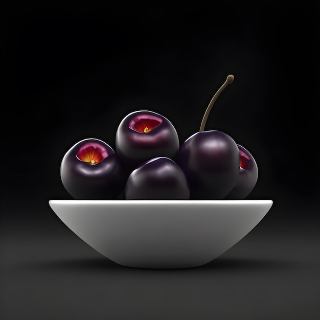 A bowl of plums sits on a dark background.