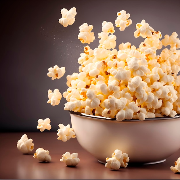 A bowl of popcorn is filled with falling popcorn.