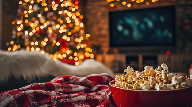 Photo a bowl of popcorn sits on a blanket in front of a christmas tree