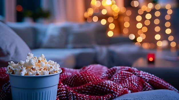 Photo a bowl of popcorn sits on a blanket with a christmas tree in the background