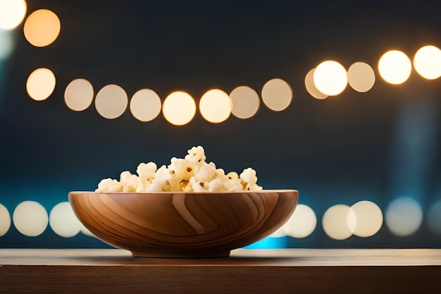 A bowl of popcorn sits on a table with lights in the background.