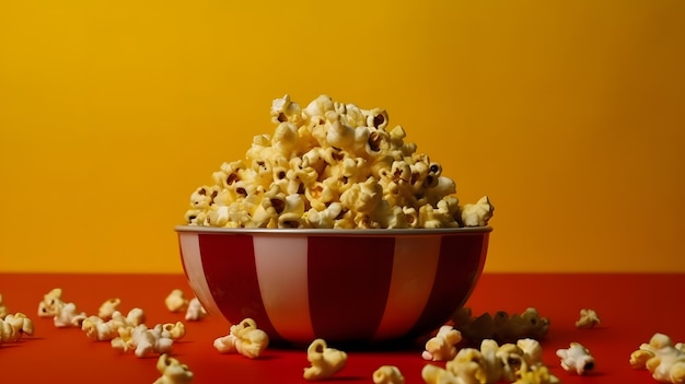 A bowl of popcorn with a red and white striped top.