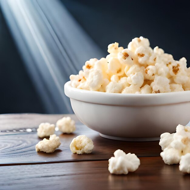 A bowl of popcorn with some spilled popcorn on a table.