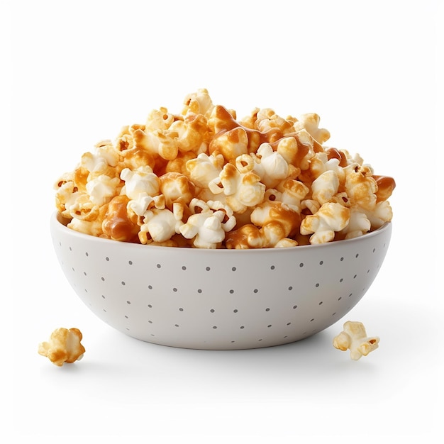 A bowl of popcorn with a white background and the word popcorn on it.