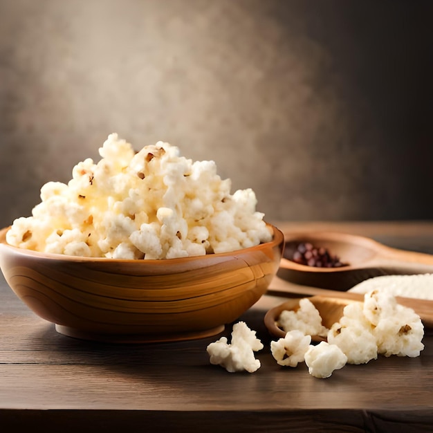 A bowl of popcorn with a wooden spoon next to it.