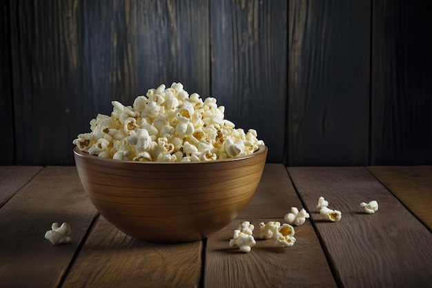 A bowl of popcorn on a wooden table