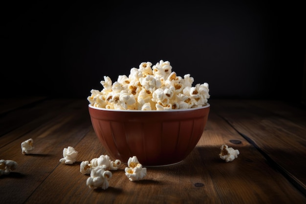 A bowl of popcorn on a wooden table