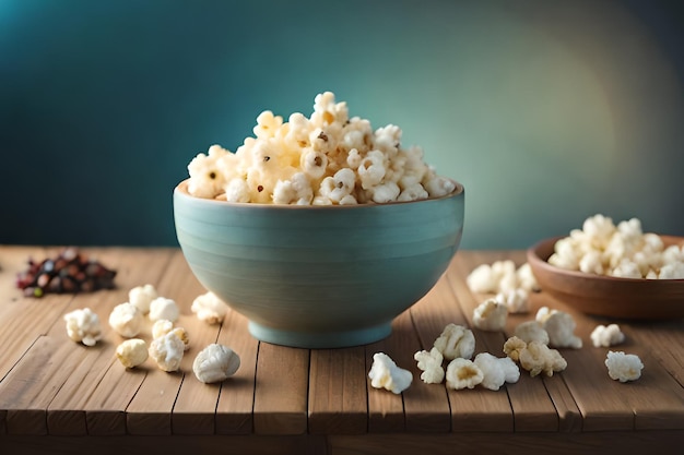 A bowl of popcorn on a wooden table