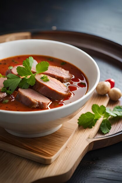 A bowl of pork belly soup with a spoon and a bowl of vegetables.