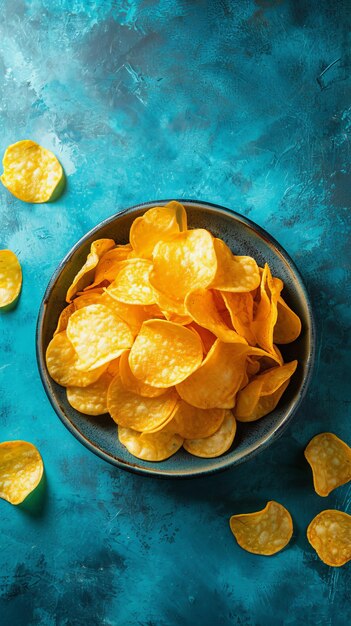 Bowl of Potato Chips on Blue Surface Crispy Snack Food Picture