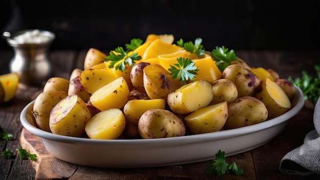 a bowl of potatoes with parsley on a table