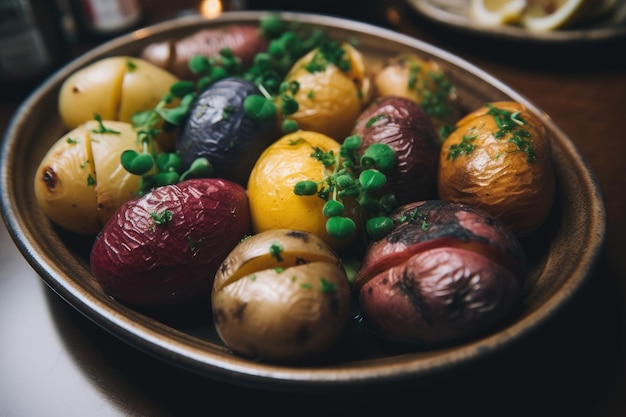 A bowl of potatoes with peas and lemons on the side