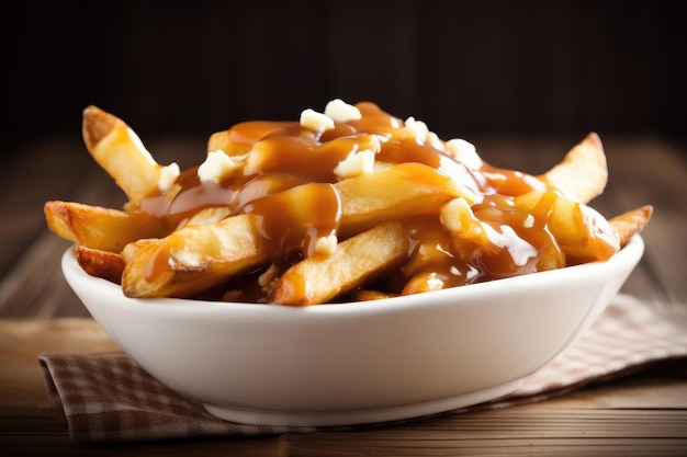 A bowl of poutine with gravy and gravy on top