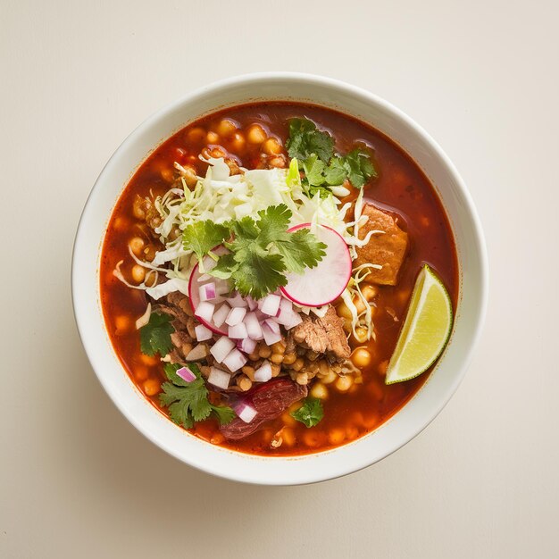 Photo bowl of pozole with garnishes and lime