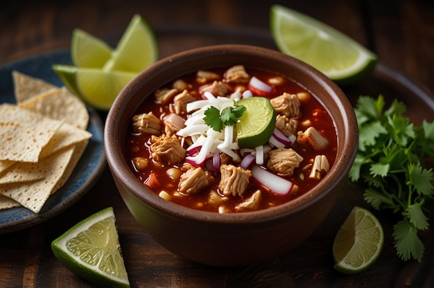 A bowl of pozole with a side of lime wedges and chili