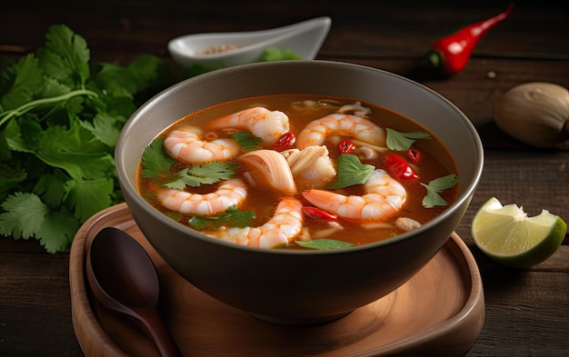 A bowl of prawn tomyum soup thai spicy soup with prawn and herbs