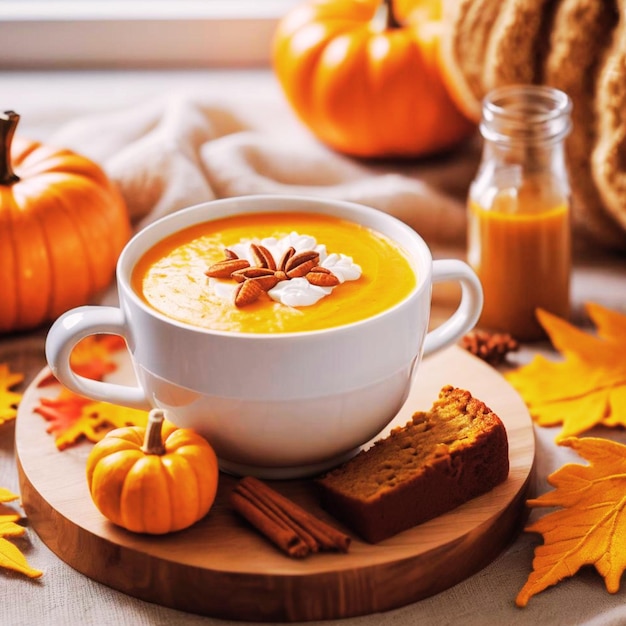 A bowl of pumpkin soup sprinkled with cinnamon and spices is ready to warm you up