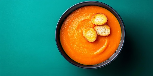 A bowl of pumpkin soup with croutons on top against a teal background