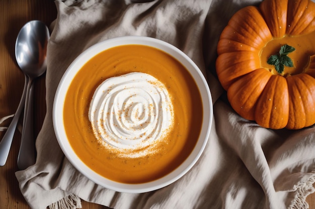 A bowl of pumpkin soup with whipped cream on top.