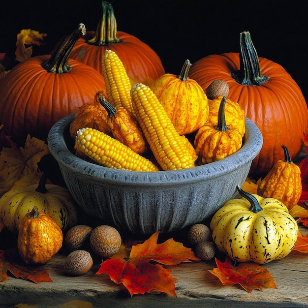 a bowl of pumpkins with corn on the cob on the table