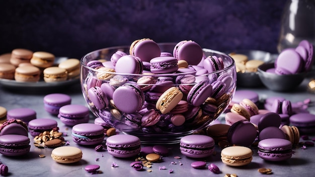 Photo a bowl of purple and purple candy with purple and white cookies in it