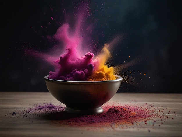 a bowl of purple and yellow color in the dark with a purple splash of purple color