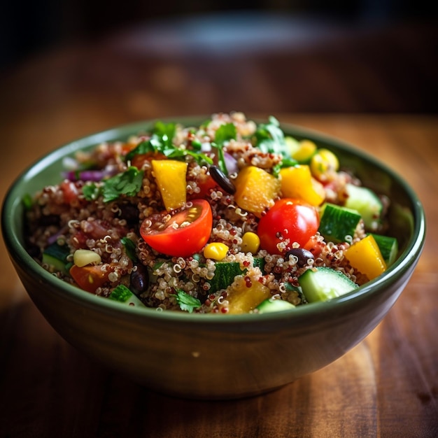 A bowl of quinoa and corn salad with a green bowl on a wooden table.