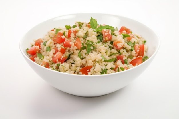 A bowl of quinoa and tomato salad with basil on top.