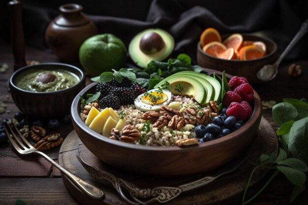 A bowl of quinoa with avocado, blueberries, and avocado.