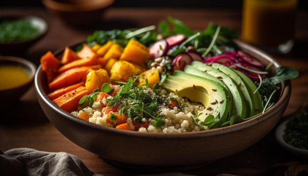 A bowl of quinoa with a glass of beer on the side.