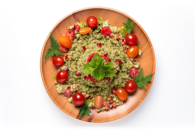 A bowl of quinoa with tomatoes and parsley on top