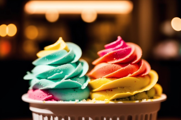 A bowl of rainbow ice cream sits on a table.