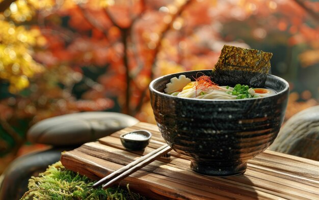 Photo a bowl of ramen on the japan nature background professional advertising food photo ai generated