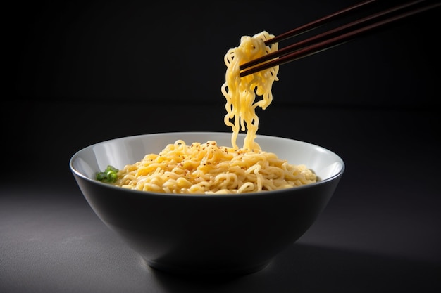 A bowl of ramen noodles with chopsticks and a black background