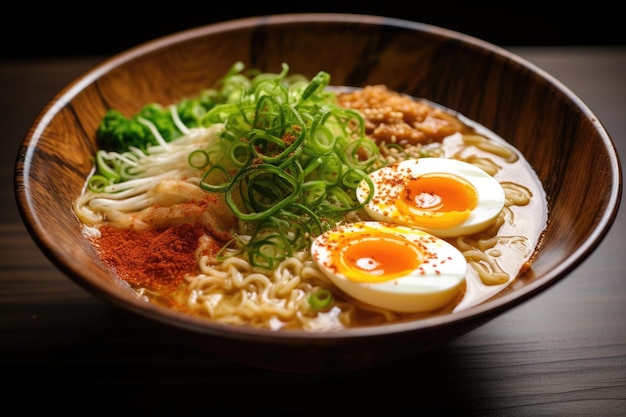 A bowl of ramen noodles with egg and vegetables