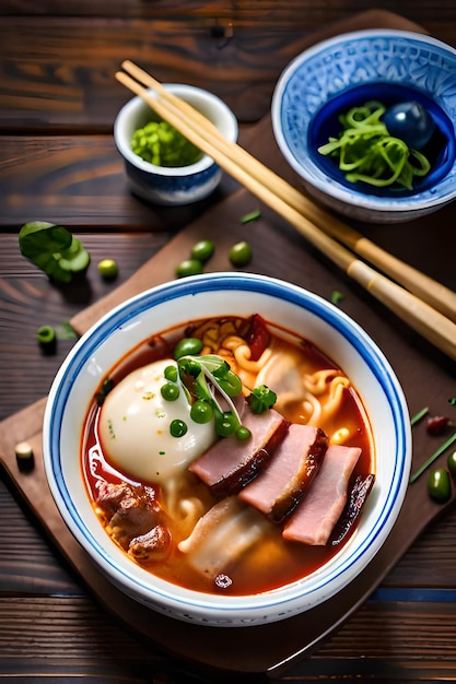 A bowl of ramen with a blue and white rim and a bowl of green vegetables.