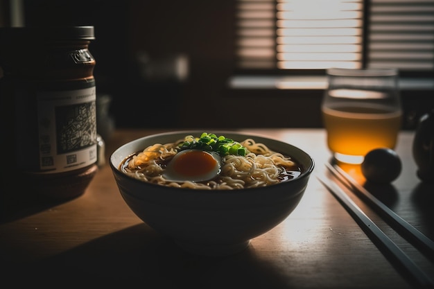 A bowl of ramen with a bottle of beer in the background.