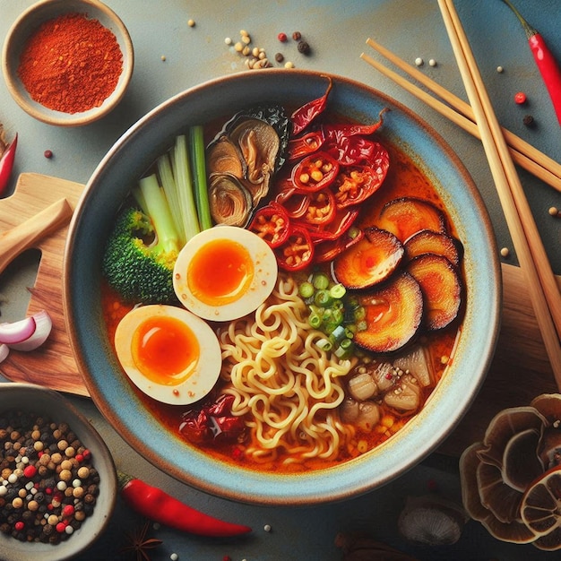 Photo a bowl of ramen with a bowl of noodles and vegetables