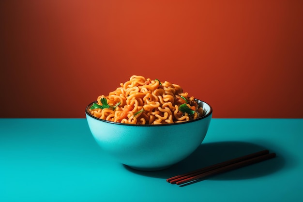 A bowl of ramen with chopsticks on a blue table