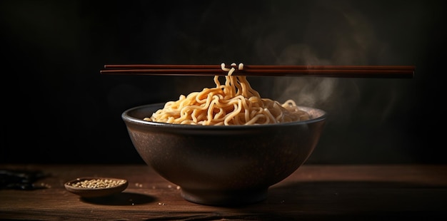 A bowl of ramen with chopsticks and a plate of chopsticks on the table